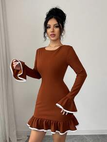 Selianne Elegantes romantisches Party- & Arbeits-Minikleid mit Rüschenärmeln und Farbblock für Frauen - Kaffeebraun - Übersicht 5