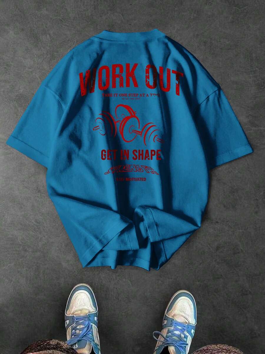 Sport MetroGents 男士字母印花圆领宽松短袖运动T恤 - 霧霾藍 - 查看 1