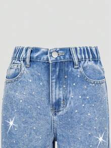 SHEIN ChillGRL Tween Girls Y2K Style Shiny Rhinestone Light Blue Denim Color Casual Loose Wide Leg Washed Jeans - Light Wash - View 6