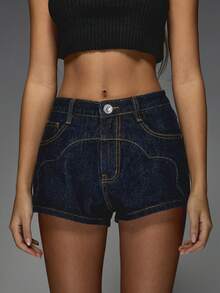 MISSGUIDED Western Denim High Waisted Mini Shorts Vintage Inspired Raw Hem Summer Festival Boho Style Micro Shorts Contrast Stitching Fashion Design Beach Shorts - Dark Wash - View 3