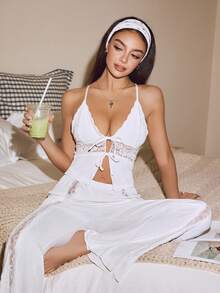 Lowkey Lull Women's Solid Color V-Neck Camisole Contrast Lace Top And Pants Pajama Set, Ribbed Fabric, Comfortable 2-Piece Sleepwear - White - View 2