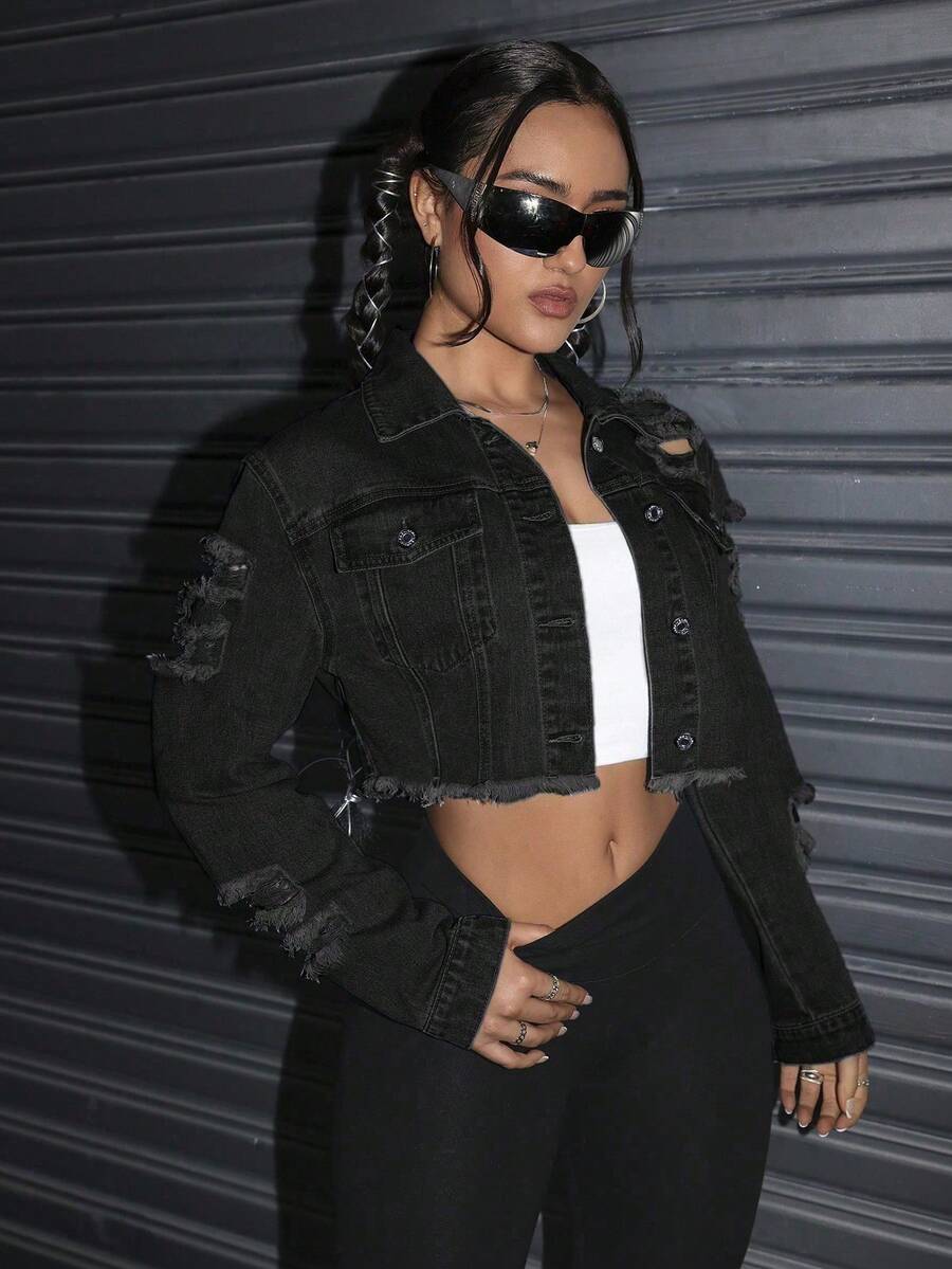 千禧年少女黑色牛仔破洞短翻领长袖外套，适合秋季、冬季休闲时尚度假、街头穿搭，展现2000年代风格，可搭配喇叭裤，适合圣诞节穿着，黑色牛仔外套 - 黑色 - 查看 1