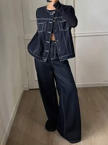 DAZY 西部牛仔风宽松圆领无袖外套，直筒阔腿裤休闲牛仔两件套，女士秋冬装 - 藍色 - 查看 3