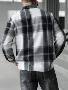 Manfinity Homme Casual Blue & White Plaid Pocket Men's Shacket Men Knitted Button Up Men Black And White Shirt Long Sleeves Men Street Wear Shirt Plaid Button Up Men Men Flannels - Black and White - View 2