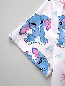 PopScrub 可爱兔子卡通印花V领短袖女式时尚制服上衣 - 彩色 - 查看 5