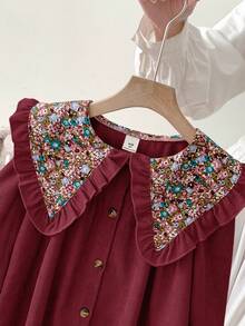 LMoss Kids Young Girl Woven Solid Color Patchwork Ditsy Floral Peter Pan Collar Casual Dress - Burgundy - View 7