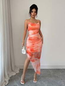 Allurite فستان سهرة فاخر للنساء، طباعة صبغ التعادل مع ياقة منسدلة، فستان بحمالات رفيعة ظهر مكشوف، مناسب للصيف