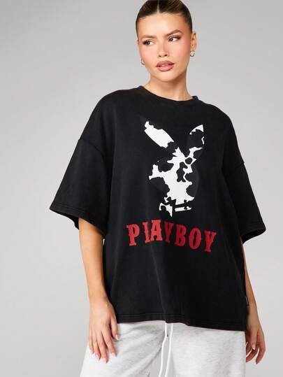 Missguided x Playboy Oversized Washed Graphic Tee With Logo Print Crew Neck Short Sleeve Cotton Streetwear T-Shirt For Casual Daily Wear Fall Winter