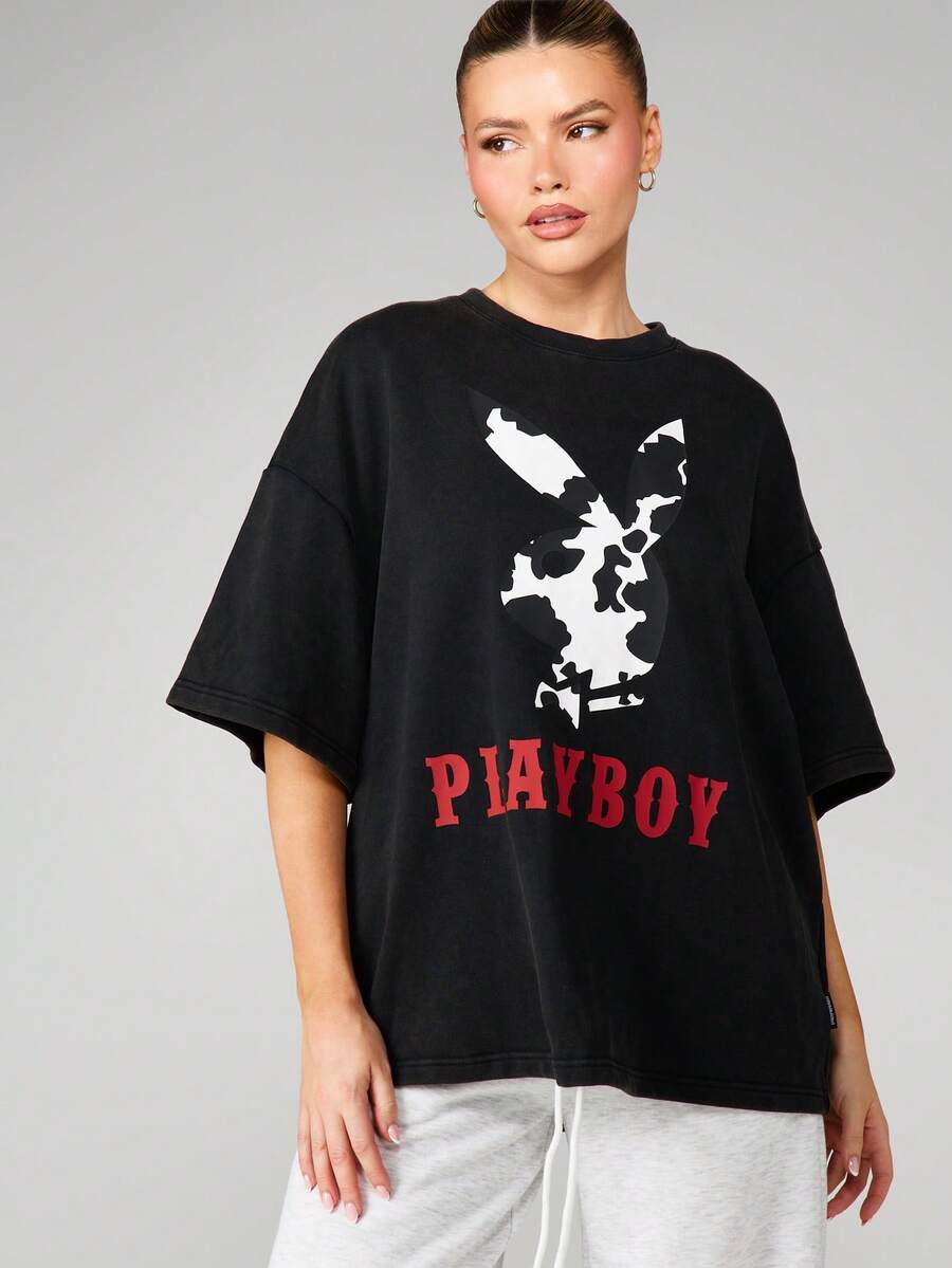 Missguided x Playboy Oversized Washed Graphic Tee With Logo Print Crew Neck Short Sleeve Cotton Streetwear T-Shirt For Casual Daily Wear Fall Winter - Black - View 1