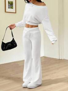 SHEIN PETITE Bộ 2 món/Bộ áo nỉ cổ bất đối xứng màu trắng và quần dài thể thao cho nữ - trắng - Xem 4