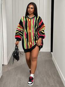 Slaydiva 秋冬新品，音乐节，复活节，西部风，游牧风，生日派对，日常休闲，百搭基础款，休闲，邮轮旅行，海滩，日光浴，爆款，街头风，朋克，夜店，黑色底彩色条纹波浪，长袖高领亮面纱线宽松大码毛衣连衣裙，非洲印花女装，非洲服饰，户外烧烤女装，六月节女装，牙买加服饰 - 彩色 - 查看 6