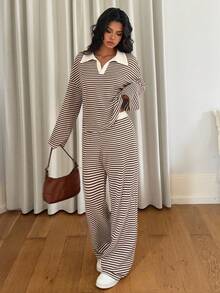 Siren Gaze Women's 2pcs Set Loose Striped V-Neck Drop Shoulder Long Sleeve T-Shirt &Elastic Waist Striped Pants, Winter Sweater Suit ,Autumn/Winter, Casual Sets For Women, New Year Clothes, Christmas Pajamas Family, Brown,,, Long Sleeve Two Piece Set,, Two Piece Set Women Comfy Spring - Brown - View 7
