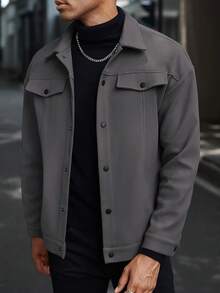 Manfinity CasualCool 男士休闲纯色夹克，秋季男士夹克，灰色夹克，短款男士夹克，男士衬衫式夹克，男士休闲夹克 - 深灰色 - 查看 4