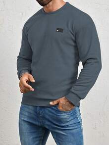 Manfinity Homme Loose Fit Men's Letter Patched Detail Sweatshirt, Fall Grey Sweatshirt Grey Sweater Men Men Full Sleeve T-Shirt Mock Neck Men Sweatshirt For Men - Dark Grey - View 5