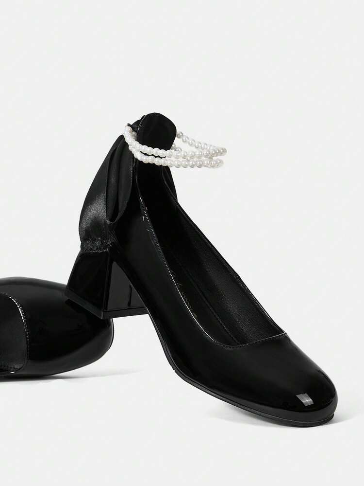 Woman Shoes High Heeled Pumps With Pearls, Solid Colored For Spring And Summer