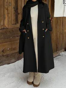 SHEIN EZwear Áo khoác dài hai hàng khuy có cổ áo choàng thiết kế khăn quàng cổ cho nữ, Thu/Đông - màu đen - Xem 5