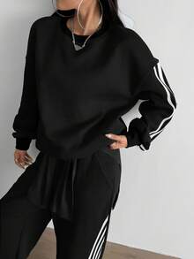 Aidyla 2pcs Set Contrast Color Striped Fleece Hoodie Sweatshirt, Fashionable Street Style - Black - View 8