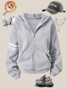 SHEIN Explorewe Teen Girl Solid Color Hooded Fleece Sleeve Striped Sweatshirt, Autumn/Winter - Grey - View 6