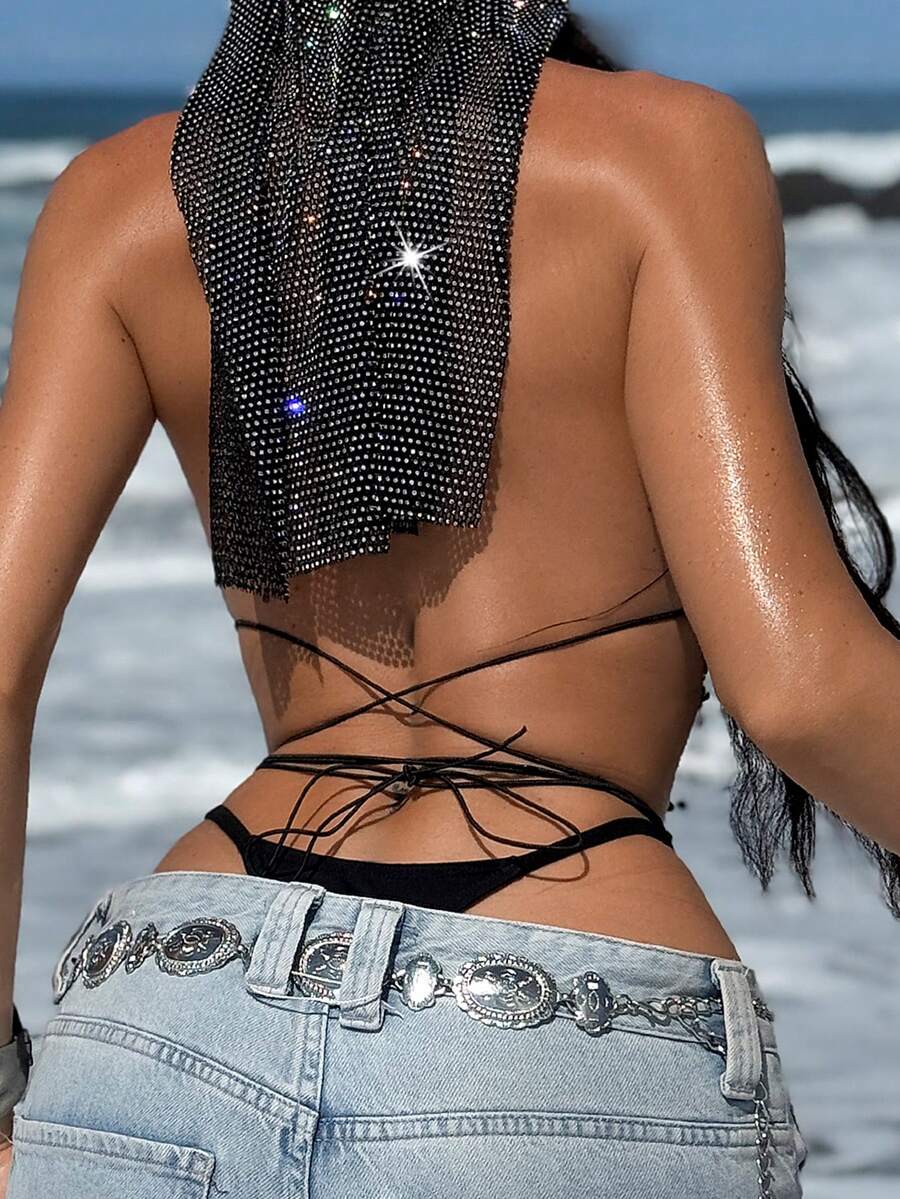 Swim SXY Women's Rhinestone Fishnet Sexy Backless Halter Neck Camisole Top Push Up Bikini Cover-Up Crop Tops Y2K, Suitable For Night Out Parties And Carnivals, Music Festival Party, New Year Holiday Party Leopard Sparkly Bikini Rhinestone Swimsuit Rhinestone Bikini Backless Tops Sequin Bikini Mesh
