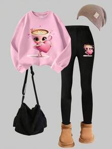 SHEIN Explorewe 少女咖啡女郎图案圆领卫衣和黑色修身裤两件套，舒适合身，秋冬款 - 粉色 - 查看 4