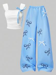 SHEIN ChillGRL 2 件套春夏少女“ME”休闲甜美可爱褶皱吊带背心上衣和蝴蝶结印花工装裤套装，适合日常通勤、休闲、街拍、姐妹聚会 - 藍色 - 查看 5