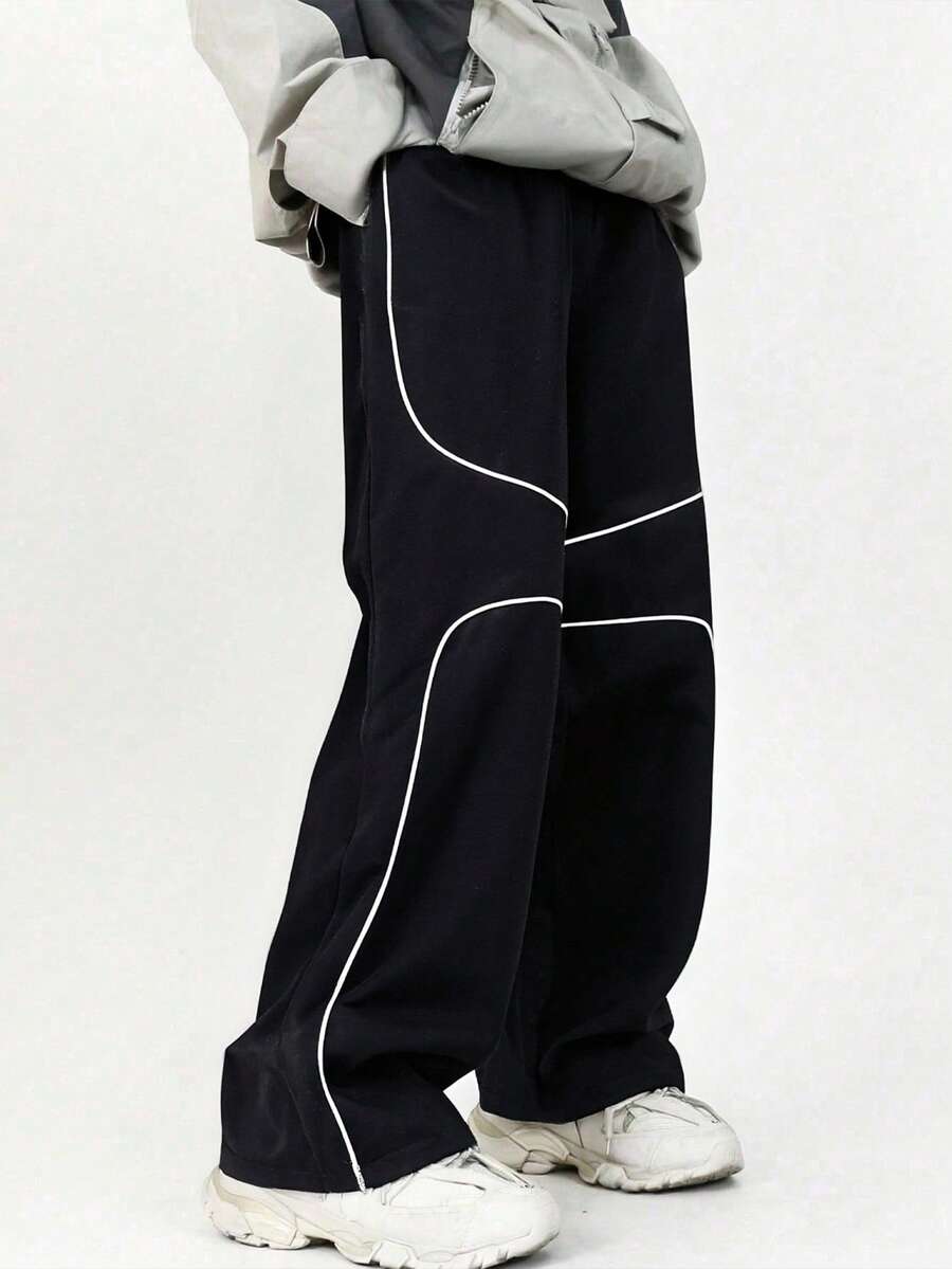 SHEIN Mirajuku 1-Piece Teen Boys' Streetwear Urban Style Contrast White Stitching Detail Loose Fit Wide Leg Cargo Pants With Side Pockets Comfortable Casual Fashionable Trousers For Daily Wear Street Fashion Spring Autumn