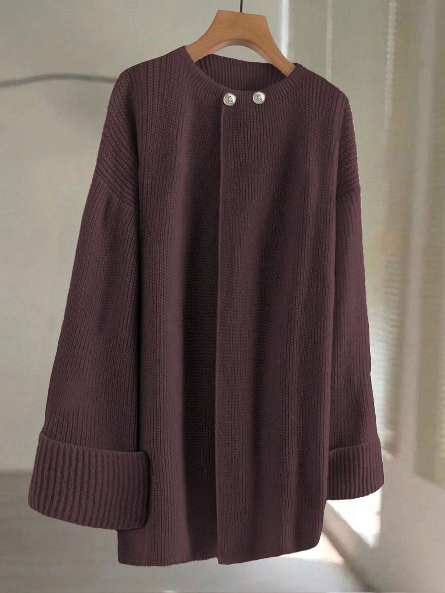 GlowEve CURVE Áo len cardigan dệt kim màu trơn trang trí nút kim loại cỡ lớn cho nữ, thường ngày đa năng, thích hợp mặc vào dịp Giáng sinh, Halloween, trở lại trường, đi nghỉ, công sở - Màu Đỏ Sâu - Xem 1