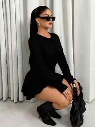 Sirith Women's Sweater Dress, Short Length Long Sleeve Round Neck, Gray Cable Knit, Fitted With Ruffle Hem Pleated Skirt, Sexy Minimalist Vintage College Style Sweater Dress,Winter  , Winter Clothes , Women's Winteclothes , Winter Outfit For Women