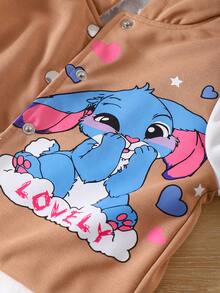 SHEIN 女童卡其色长袖连帽蓝色兔子印花可爱仿毛皮内衬外套，儿童秋冬外套 - 卡其色 - 查看 6