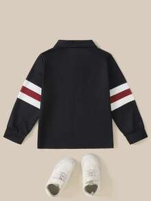 SHEIN Explorewe 男童条纹撞色领针织休闲宽松复古美式长袖polo衫，适合上学和日常穿着。 - 彩色 - 查看 2