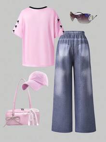 SHEIN ChillGRL Tween Girl Numeric Print V-Neck Short Sleeve Top And Graffiti Print Denim Effect Long Pants Casual Summer Outfit, School, Campus, College - Pink - View 2