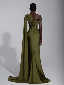 Elitara Elegant Chocolate Brown Knit Asymmetric Half-Exposed Shoulder Mermaid Hem Dress,Handcrafted Pleated Metal Buckle Waist Ruched Gown For Formal Dinner - Olive Green - View 2