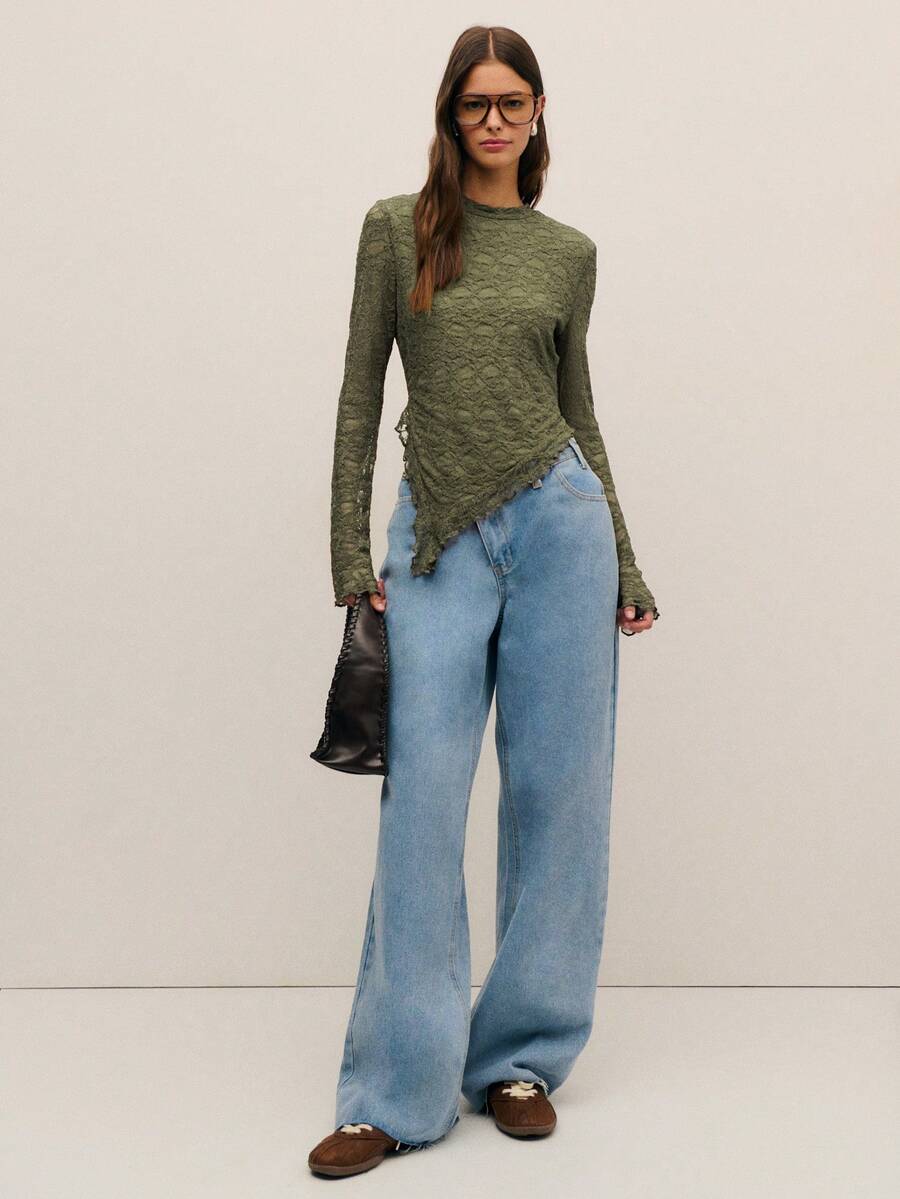 Nöista Áo ren mỏng manh màu nâu ấm áp với đường viền bất đối xứng độc đáo. Một thiết kế lãng mạn nhưng hiện đại, lý tưởng để mặc nhiều lớp trong kỳ nghỉ hè và xuân. - xanh quân đội - Xem 1