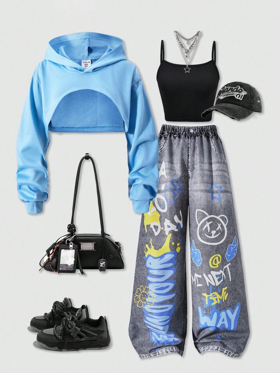 SHEIN Explorewe Quần denim in họa tiết phong cách đường phố rộng rãi cho bé gái tuổi teen Streecool, Áo hai dây lửng, Áo lưới trùm đầu tay dài 3 món, Trang phục thời trang - Màu xanh lam - Xem 1