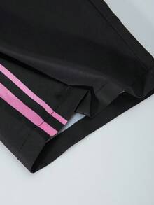 SHEIN ChillGRL Tween 女童休闲宽松街头风格数字边缘条纹印花裤，适合日常通勤、休闲、度假、与朋友聚会、春夏季 - 黑色 - 查看 6