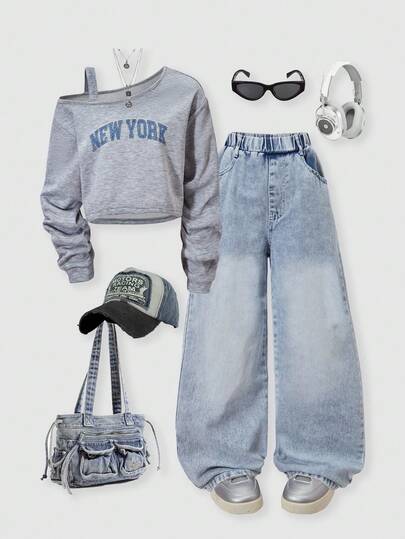 SHEIN ChillGRL 2 件套青少年女孩宽松休闲肩带印花运动衫和浅蓝色牛仔裤套装，适合日常通勤、休闲街头风格、聚会、春夏季