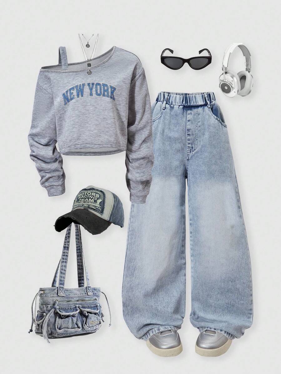 SHEIN ChillGRL 2 件套青少年女孩宽松休闲肩带印花运动衫和浅蓝色牛仔裤套装，适合日常通勤、休闲街头风格、聚会、春夏季