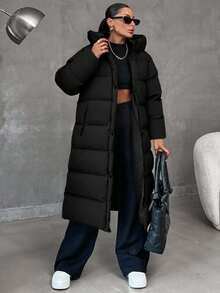 EURMUSE 冬季长款大码拉链连帽大衣 - 黑色 - 查看 4