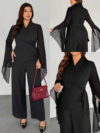 Firerie 大码女式纯色披肩领喇叭袖系带腰衬衫和阔腿裤优雅两件套