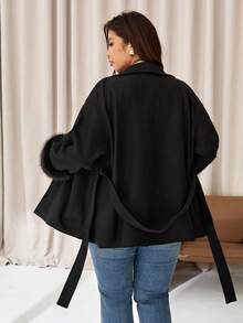 Auralis Plus-Size Women's Autumn/Winter Black Fleece Patchwork Belted Coat,Elegant,Formal,Dinner,Evening,Fashionable Casual Loose Winter Coat Fall/Winter - Black - View 2
