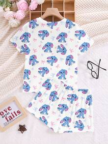 SHEIN Leap Crew 2pcs/Set Tween Girls Cute Cartoon Blue Rabbit Stitch Bow Pattern Pink And White Summer Casual Sleep Round Neck Short Sleeve T-Shirt And Shorts Pajama - Multicolor - View 2