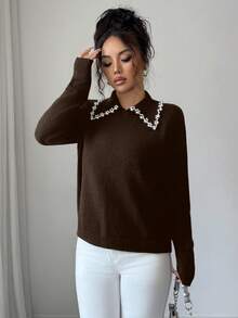 SHEIN Elenzya Aniusta 女士秋冬休闲上衣，适合度假、独立日、劳动节、哥伦布日、感恩节、情人节、复古风、斯德哥尔摩风、图卢姆风、韩版风、优雅百搭、学生装、教师装、哥特风、办公室装、商务休闲装、返校季等场合，黑色针织衫，领口饰有装饰。 - 咖啡棕 - 查看 5