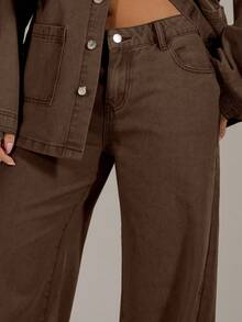 MUSERA Washed Low Rise Baggy Denim Jeans Spring 90's Cute Summer Casual Western Concert Festival Rave Fall Autumn Winter Nashville Fall Autumn Back To School Office Work  Chic - Chocolate Brown - View 3