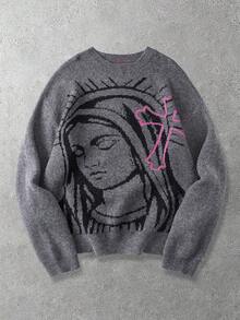 ROMWE MEN 男士任务十字图案圆领长袖提花针织毛衣 - 深灰色 - 查看 1