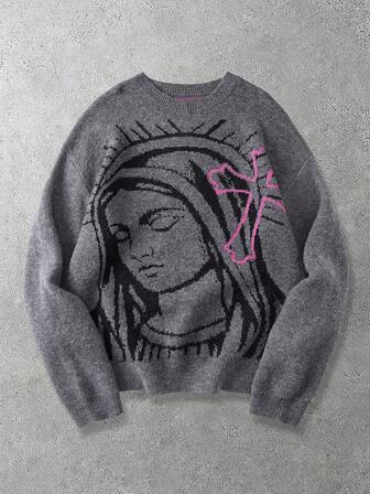 Jersey de cuello redondo de manga larga con tejido jacquard con patrón de misión y cruz para hombre