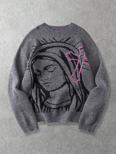 ROMWE MEN Men's Mission & Cross Pattern Crew Neck Long Sleeve Jacquard Knit Sweater