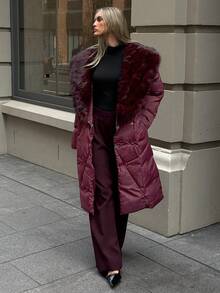 Aloruh Abrigo acolchado de longitud media con cuello de piel sintética para mujer, abrigo de invierno color vino tinto, abrigo burdeos, estilo "Old Money", elegante para ir al trabajo, casual de negocios, invierno, otoño - Burdeos - Ver 6