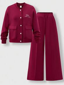 SHEIN Explorewe 2pcs/Set Tween Girls' Burgundy Baseball Collar Cardigan,Embroidered Letter Graphic,Button Closure,Large Pockets,Crease Pants,Autumn Casual School - Burgundy - View 7