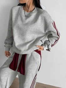 Aidyla Bộ 2 món Áo nỉ có mũ kẻ sọc màu tương phản, Bộ đồ thể thao phong cách đường phố thời trang dành cho nữ Bộ đồ hai mảnh thoải mái dành cho nữ Bộ đồ hai mảnh dành cho nữ Bộ đồ mặc nhà thoải mái dành cho nữ Bộ đồ thường ngày thoải mái dành cho nữ - Màu Xám nhạt - Xem 7