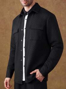 Manfinity Homme Men's Casual Black Autumn Basic Office Shirt,Versatile Commuter Contrast Color Collar Textured Workwear Pocket Long Sleeve Top,High-End Fitted Style - Black - View 4